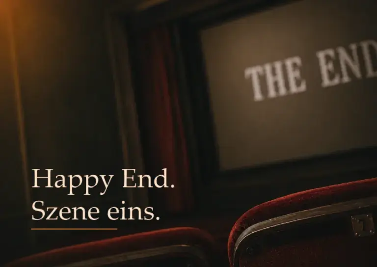 Kinosaal mit „The End“ auf der Leinwand. Aufschrift: „Happy End. Szene eins.“