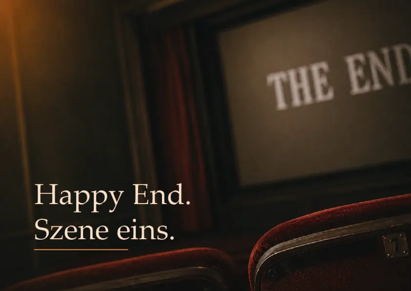 Kinosaal mit „The End“ auf der Leinwand. Aufschrift: „Happy End. Szene eins.“