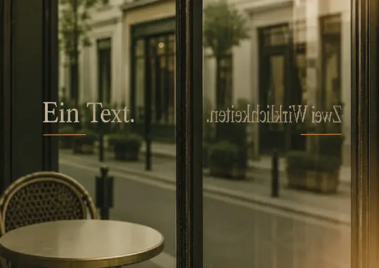 Caféfenster mit der Aufschrift „Ein Text. Zwei Wirklichkeiten.“, deren zweite Hälfte spiegelverkehrt erscheint.