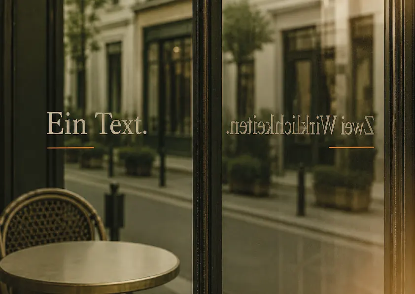 Caféfenster mit der Aufschrift „Ein Text. Zwei Wirklichkeiten.“, deren zweite Hälfte spiegelverkehrt erscheint.